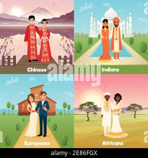 Concept de mariage multiculturel 2x2 avec chinois indien européen et illustration vectorielle plate pour couples africains Illustration de Vecteur