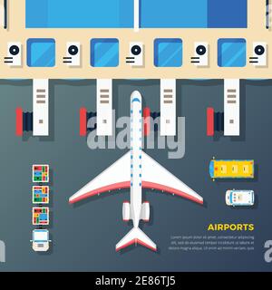 Aire d'aérodrome des avions à tablier de l'aéroport avec un avion au pont à réaction et illustration vectorielle abstraite de la vue de dessus du sol Illustration de Vecteur