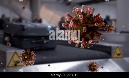 Coronavirus de la grippe flottant sur l'air avec une valise sur le convoyeur à bagages ceinture dans la zone de retrait des bagages au salon des arrivées de l'aéroport terminal international Banque D'Images