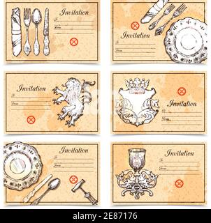 Ensemble de menus vintage dessinés à la main avec des couverts et des images de cimier et placer pour l'illustration vectorielle de texte d'invitation Illustration de Vecteur