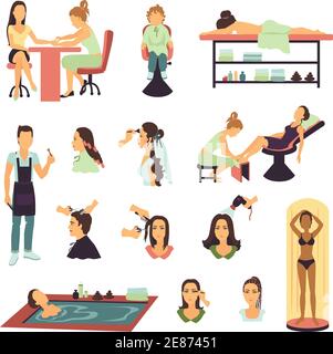 Hommes et femmes ayant des procédures de beauté dans le salon de spa défini sur une illustration vectorielle isolée plate sur fond blanc Illustration de Vecteur