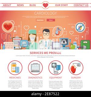 Page Web présentant des informations sur les services de cardiologie centre et outils pour l'illustration du vecteur de soins cardiaques Illustration de Vecteur