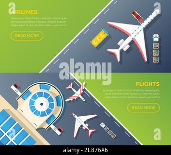 Design de l'ensemble de bannières de vue du dessus d'AirPort 2 pour les compagnies aériennes Internet page web contenant des informations sur les vols illustration vectorielle isolée Illustration de Vecteur