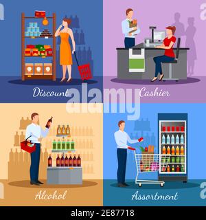 Assortiment de produits dans le supermarché avec des réductions et des paiements de zones illustration vectorielle isolée Illustration de Vecteur