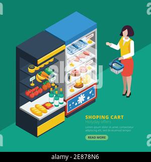 Intérieur de supermarché isométrique avec étagères réfrigérateur et acheteur avec shopping panier à côté de l'illustration vectorielle Illustration de Vecteur