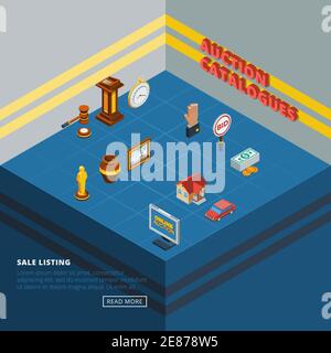 Ensemble d'icônes de vente aux enchères isométriques avec des éléments communs du processus d'appel d'offres et les types de marchandises dans l'illustration vectorielle de la pièce abstraite Illustration de Vecteur