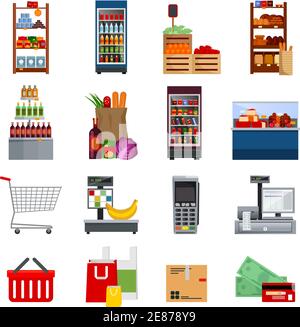 Jeu d'icônes décoratives de supermarché avec argent et sacs de cartes réfrigérateurs achat d'équipements de paiement illustration vectorielle isolée Illustration de Vecteur