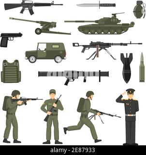 Collection d'icônes de l'armée avec des soldats militaires officiers de service munitions armes et machine olive kaki illustration vectorielle abstraite Illustration de Vecteur