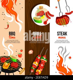 Ensemble de 3 banderoles verticales plates avec steak grillé saucisses et légumes résumé illustration vectorielle isolée Illustration de Vecteur