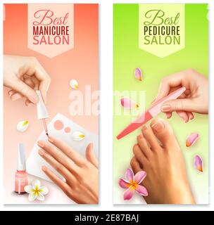 Banderoles verticales de salon de pédicure et de manucure de qualité dans des couleurs pastel avec mains femelles pieds et outils de beauté isolés sur blanc fond réaliste Illustration de Vecteur