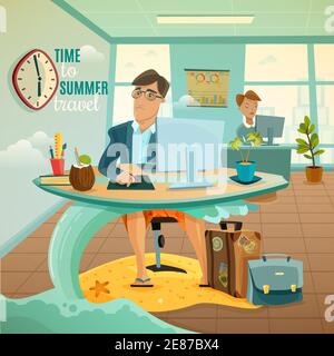 Triste employé de bureau rêvant de voyager pendant les vacances d'été fantaisie illustration vectorielle de dessin animé Illustration de Vecteur