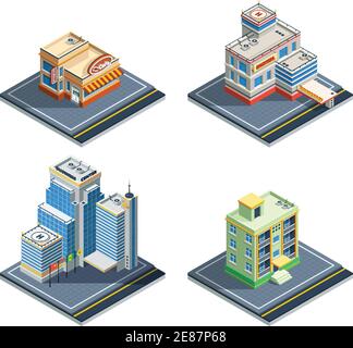Construire un ensemble d'icônes isolées isométriques avec quatre types d'ordinaire illustration vectorielle des structures de ville Illustration de Vecteur
