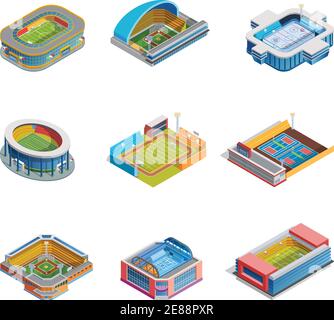 Ensemble d'images isométriques de différents stades de sport pour le basket-ball de football hockey de baseball et autres illustrations vectorielles isolées Illustration de Vecteur