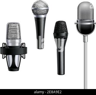 Collection de microphones en gris et noir avec maillage métallique sur fond blanc dans une illustration vectorielle isolée de style réaliste Illustration de Vecteur