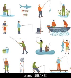 Coloré différentes façons de pêche personnes accessoire et outils de poisson pour icônes de pêche isolées définies sur l'illustration vectorielle d'arrière-plan blanc Illustration de Vecteur