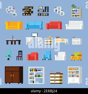 Ensemble d'icônes de différents éléments de mobilier pour l'armoire de salon ou une illustration de vecteur isolé orthogonal de hall Illustration de Vecteur