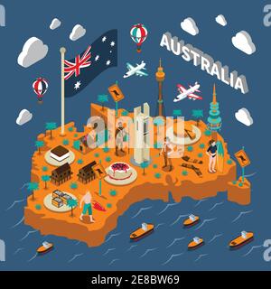 Carte isométrique touristique australienne avec la cuisine nationale monuments faune populaire illustration vectorielle de l'affiche des symboles sport et surfeurs Illustration de Vecteur