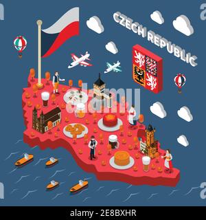Carte isométrique de la république tchèque pour les voyageurs ayant une cuisine nationale typique illustration du vecteur de tour de bière et d'horloge astronomique Illustration de Vecteur