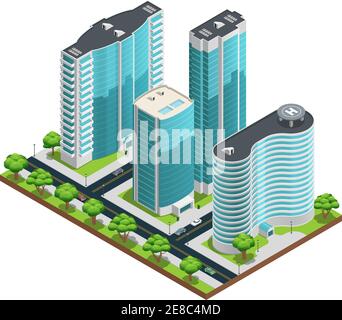 Décor urbain isométrique avec gratte-ciels modernes et verges verts illustration vectorielle sur fond blanc Illustration de Vecteur