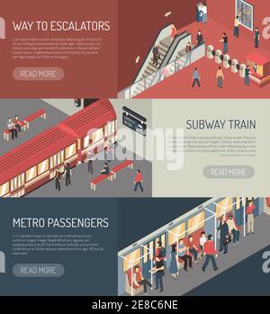 Métro souterrain système de métro page web 3 bannières isométriques design avec les passagers du métro sur l'illustration vectorielle isolée de l'escalier roulant Illustration de Vecteur