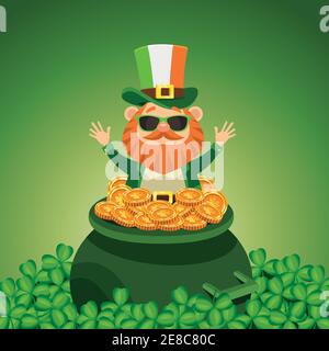 affiche de saint patricks heureuse avec leprechaun dans le choux-fleurs du trésor illustration vectorielle Illustration de Vecteur