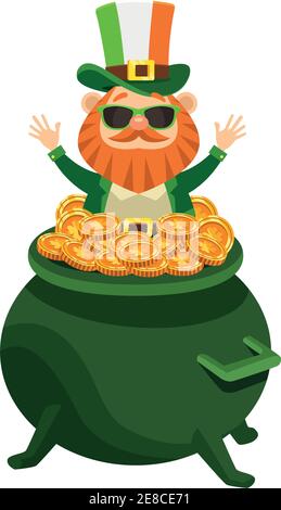 personnage de saint patrick leprechaun avec lunettes de soleil en vecteur de chaudron de trésor conception de l'illustration Illustration de Vecteur