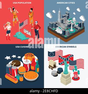Icônes du concept touristique des États-Unis avec symboles de la cuisine et de la population illustration de vecteur isolé isométrique Illustration de Vecteur