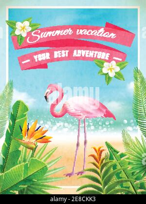 Affiche publicitaire de vacances exotique sur la plage paradisiaque avec un oiseau rose flamant et illustrations vectorielles abstraites de plantes tropicales Illustration de Vecteur