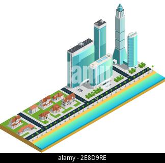 Composition isométrique avec gratte-ciels modernes de nombreuses maisons de storeyed et de banlieue sur illustration du vecteur de la côte de mer Illustration de Vecteur