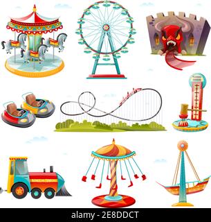 Les principales attractions du parc d'attractions de la collection d'icônes plates avec carrousel illustration du vecteur roue et roue de chasse au rouleau de ferry Illustration de Vecteur