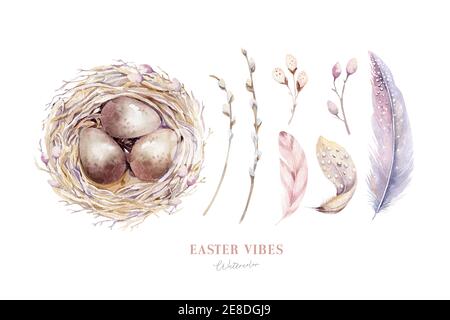 L'aquarelle happt le nid de pâques avec des œufs d'oiseaux avec branche et plume. Illustration tirée à la main par ressort. Les œufs de boho et les nids de plumes couronne. Décoration de vacances Banque D'Images