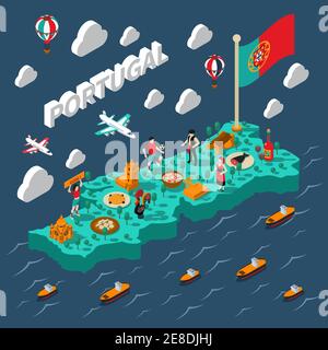 Portugal carte isométrique touristique avec des symboles de vues et de cuisine isométriques illustration vectorielle Illustration de Vecteur