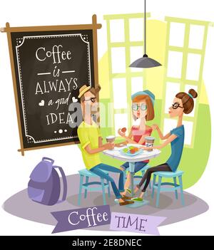 Concept de conception de temps de café avec groupe de jeunes appartenant à la sous-culture de hipsters boire du café dans l'appartement intérieur du café illustration vectorielle Illustration de Vecteur