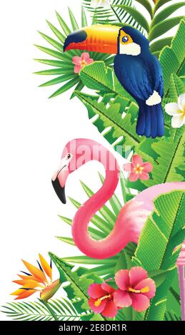 Bordure verticale opulente du feuillage de la forêt tropicale avec toucan rose flamant et illustration vectorielle colorée de fleur d'oiseau de paradis Illustration de Vecteur