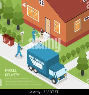 Affiche isométrique avec service de livraison de courrier et de colis illustration du vecteur abstrait de postman à la porte Illustration de Vecteur