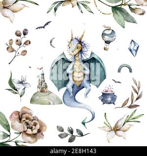 Ensemble de Dragons de conte de fées. Dessin à la main aquarelle mignon mythologie dessin animé illustration isolée sur fond blanc Banque D'Images