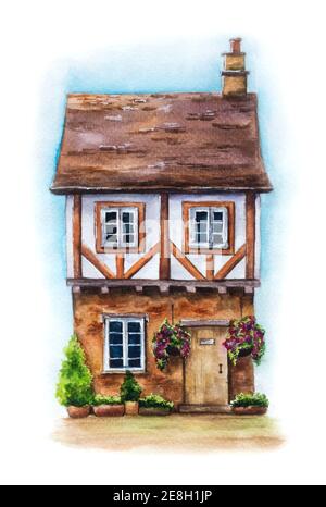 Illustration aquarelle d'une maison anglaise traditionnelle isolée sur fond blanc. Jolie maison de village dessinée à la main avec fleurs suspendues, plantes et ciel Banque D'Images