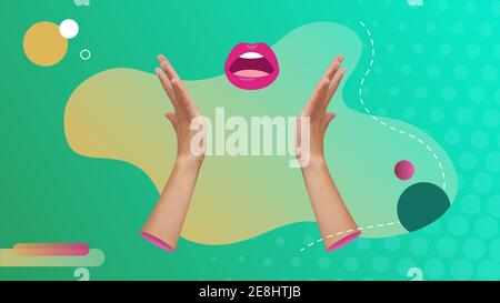 Collage d'art contemporain conceptuel. Les mains et la bouche dans un geste surprise pose. Banque D'Images