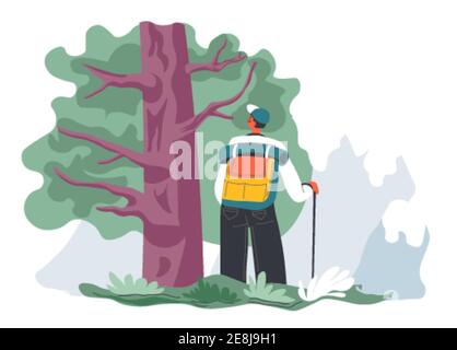 Randonnée de personnage masculin dans les bois seulement, voyageur Illustration de Vecteur