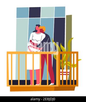 Femme enceinte et mari en forme de câlin sur le balcon Illustration de Vecteur