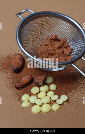 Cacao en poudre dans le tamis et les fèves de cacao ( Theobroma cacao) , cacao, ingrédient de chocolat Banque D'Images