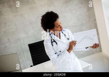 Femme afro-américaine médecin portant un manteau blanc avec stéthoscope debout par bureau dans le bureau et en tenant le tableau papier Banque D'Images