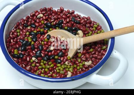 Divers haricots secs dans un bol, haricots azuki, haricots rouges, haricots noirs, haricots monoies, haricots à yeux noirs, Vigna unguiculata, Vigna angularis, Vigna radiata Banque D'Images