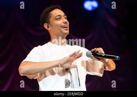 Loyle Carner rejoint Jorja Smith sur scène dans le cadre de la série d'été à Somerset House - Londres. Date de la photo: Vendredi 13 juillet 2018. Le crédit photo devrait se lire: David Jensen/EMPICS Entertainment Banque D'Images
