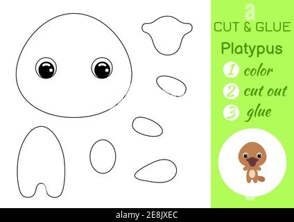 Livre de coloriage coupé et colle bébé platypus. Jeu de papier éducatif pour les enfants d'âge préscolaire. Feuille de travail Couper et Coller. Couleur, pièces coupées et colle sur le papier. Illustration de Vecteur