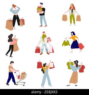 Les gens qui font du shopping tiennent des sacs, des boîtes et des cadeaux Illustration de Vecteur