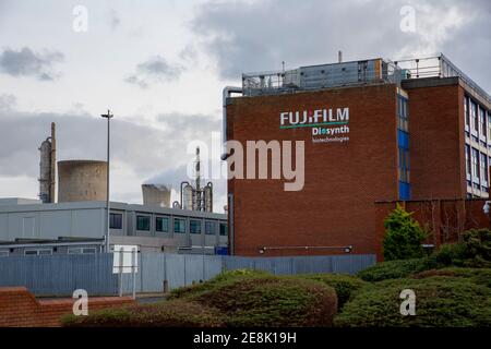 Stockton on Tees, Royaume-Uni. 30 janvier 2021. La production du nouveau vaccin contre le coronavirus, Novavax, débutera à l'usine Fujifilm Diosynth de Billingham. Banque D'Images