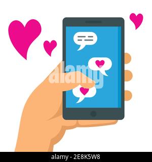 Rencontres en ligne. Concept de vecteur plat de conversation romantique. Communication Internet conviviale. En ligne amour datant communication, romantique Internet amour ve Banque D'Images