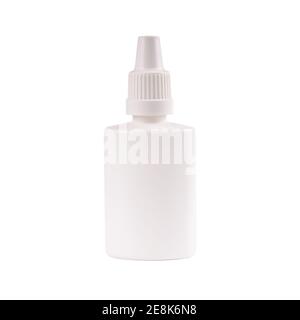 flacon médical blanc de spray nasal. aérosol de soin pour l'allergie. isolé sur fond blanc. vide pour le texte Banque D'Images