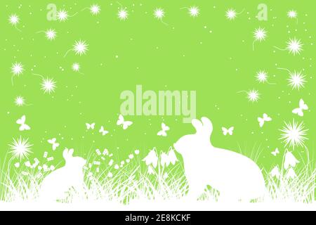 Arrière-plan vert Pâques avec espace de copie. Bannière de Pâques avec herbe, fleurs, lapin et silhouette de papillon. Bordure d'herbe de printemps. Illustration vectorielle Illustration de Vecteur